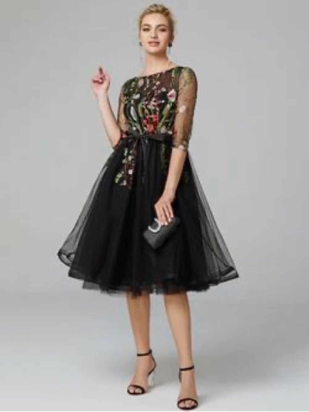 Embroidered Black Tulle Cocktail Dress 8/10